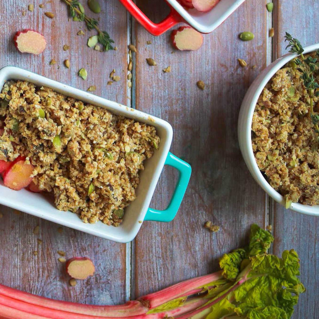 Vegan Ginger, Thyme & Rhubarb Crumble Recipe - from the 'Using our Mixes' Series.